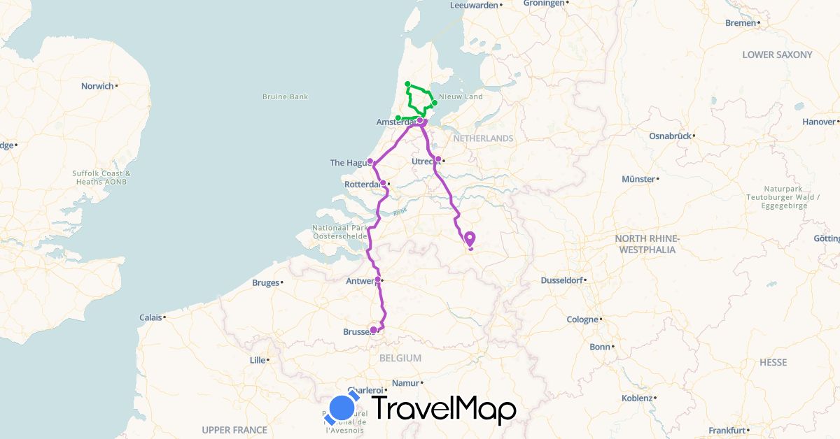 TravelMap itinerary: driving, bus, train in Belgium, Netherlands (Europe)