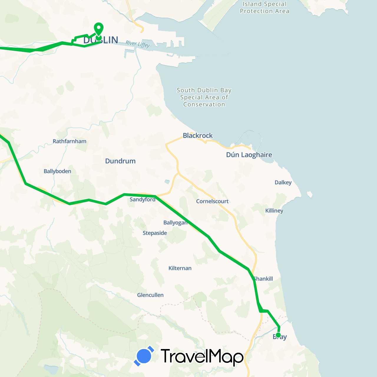 TravelMap itinerary: driving, bus in Ireland (Europe)