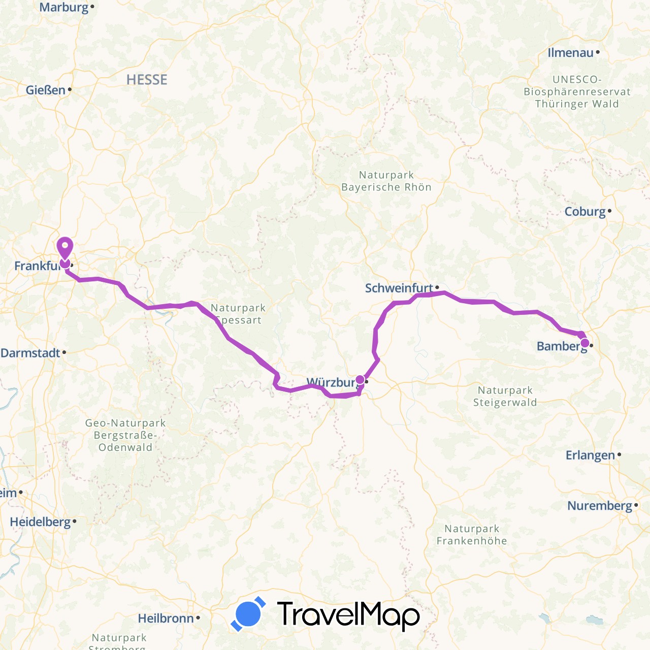 TravelMap itinerary: driving, train in Germany (Europe)