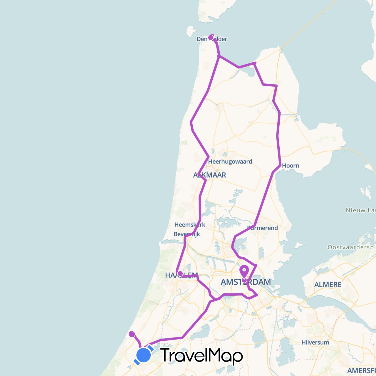 TravelMap itinerary: driving, train in Netherlands (Europe)