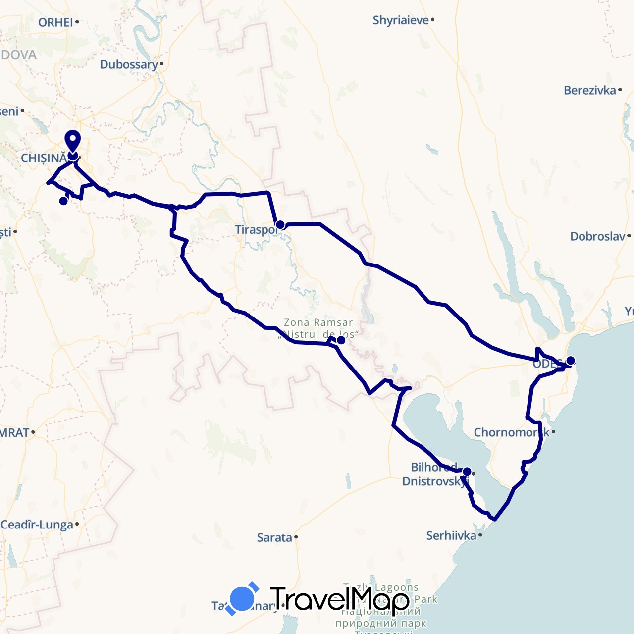 TravelMap itinerary: driving in Moldova, Ukraine (Europe)
