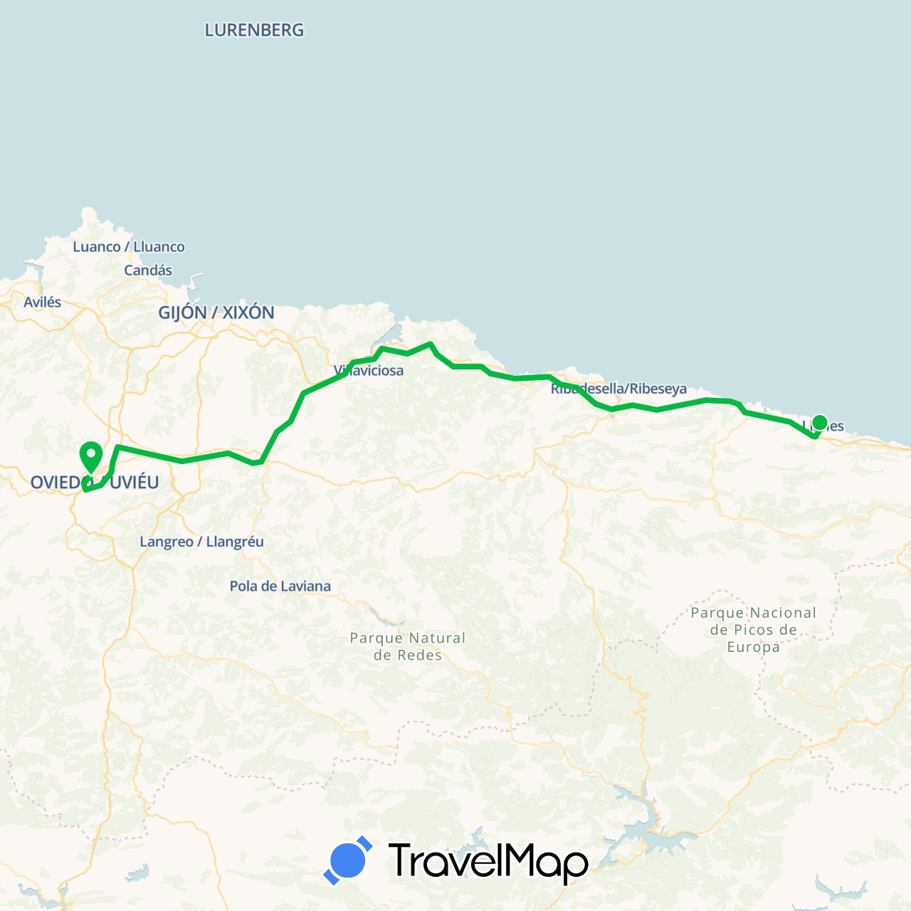 TravelMap itinerary: driving, bus in Spain (Europe)