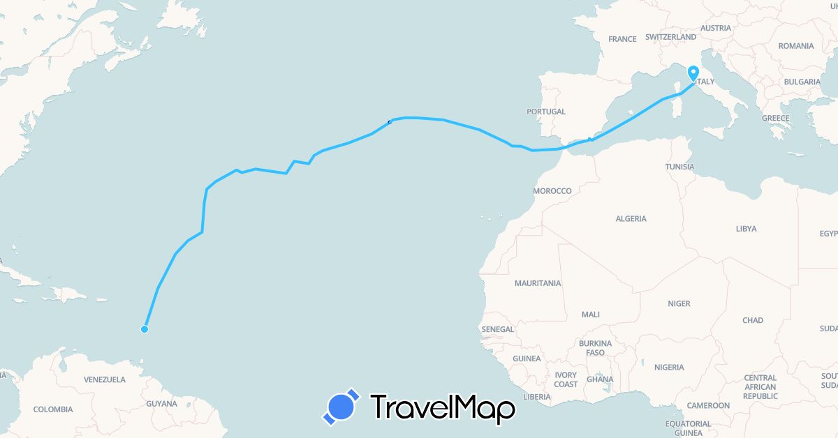 TravelMap itinerary: driving, boat in Spain, France, Italy, Portugal (Europe)