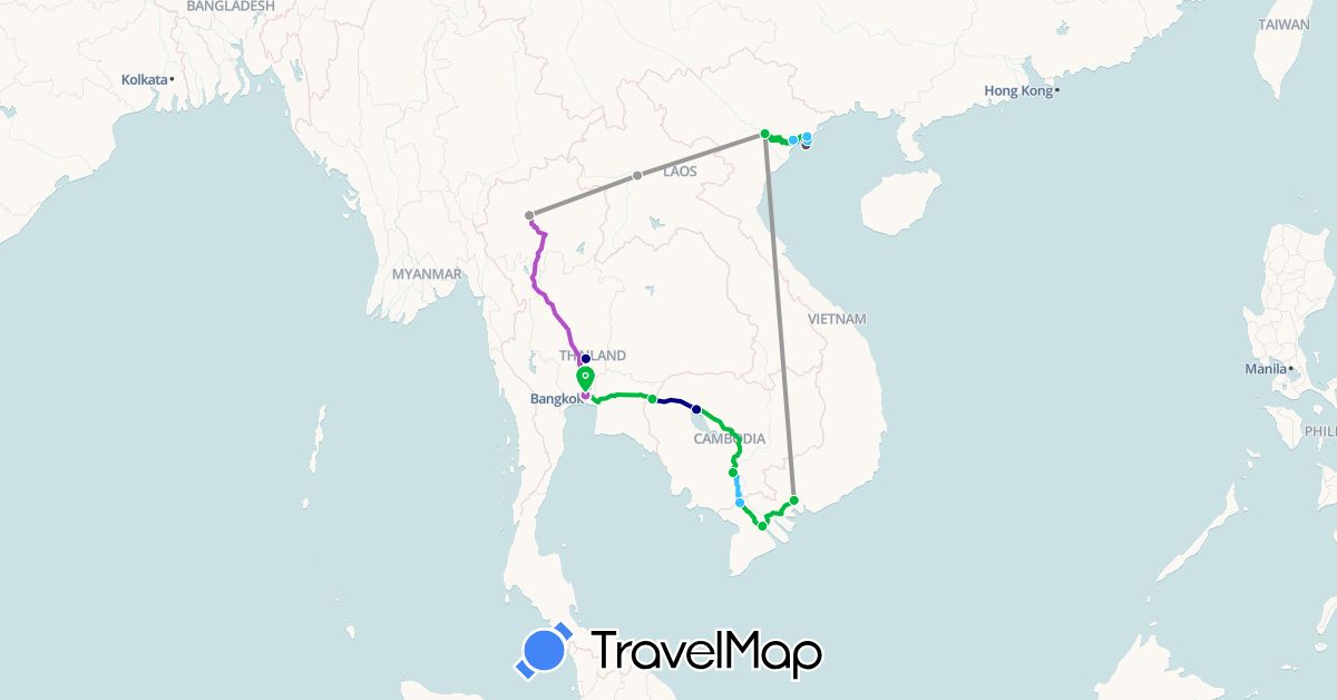 TravelMap itinerary: driving, bus, plane, train, boat, motorbike in Cambodia, Laos, Thailand, Vietnam (Asia)
