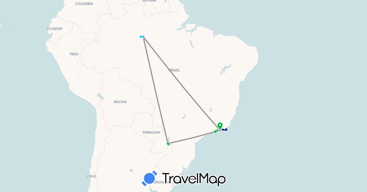 TravelMap itinerary: driving, bus, plane, boat in Argentina, Brazil, Paraguay (South America)