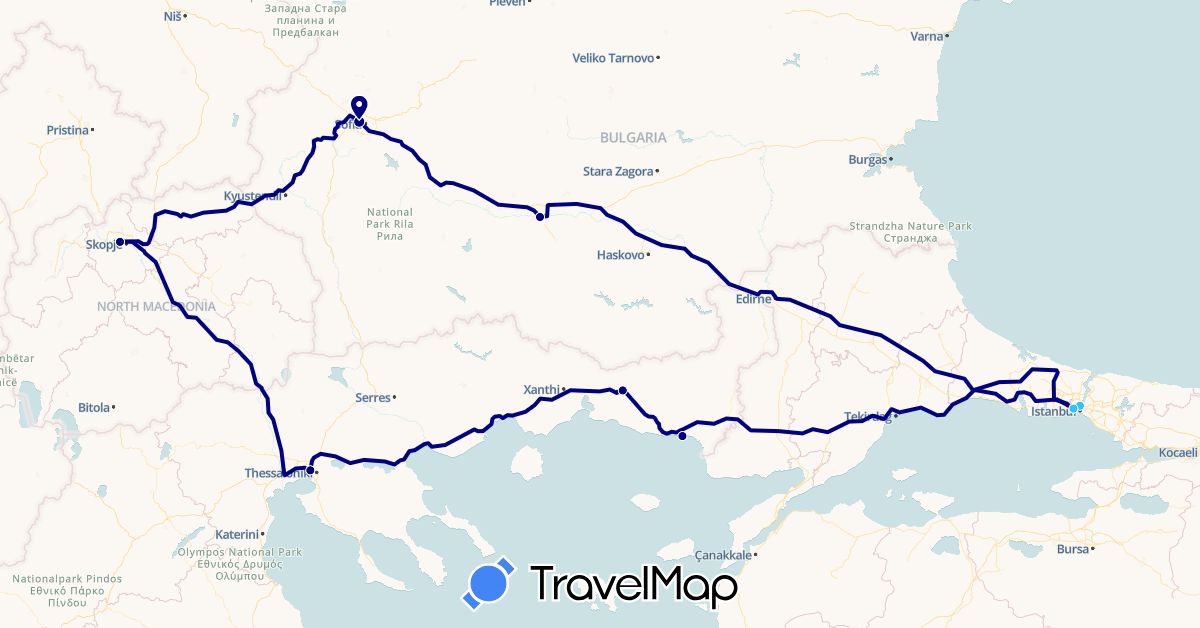 TravelMap itinerary: driving, boat in Bulgaria, Greece, Macedonia, Turkey (Asia, Europe)