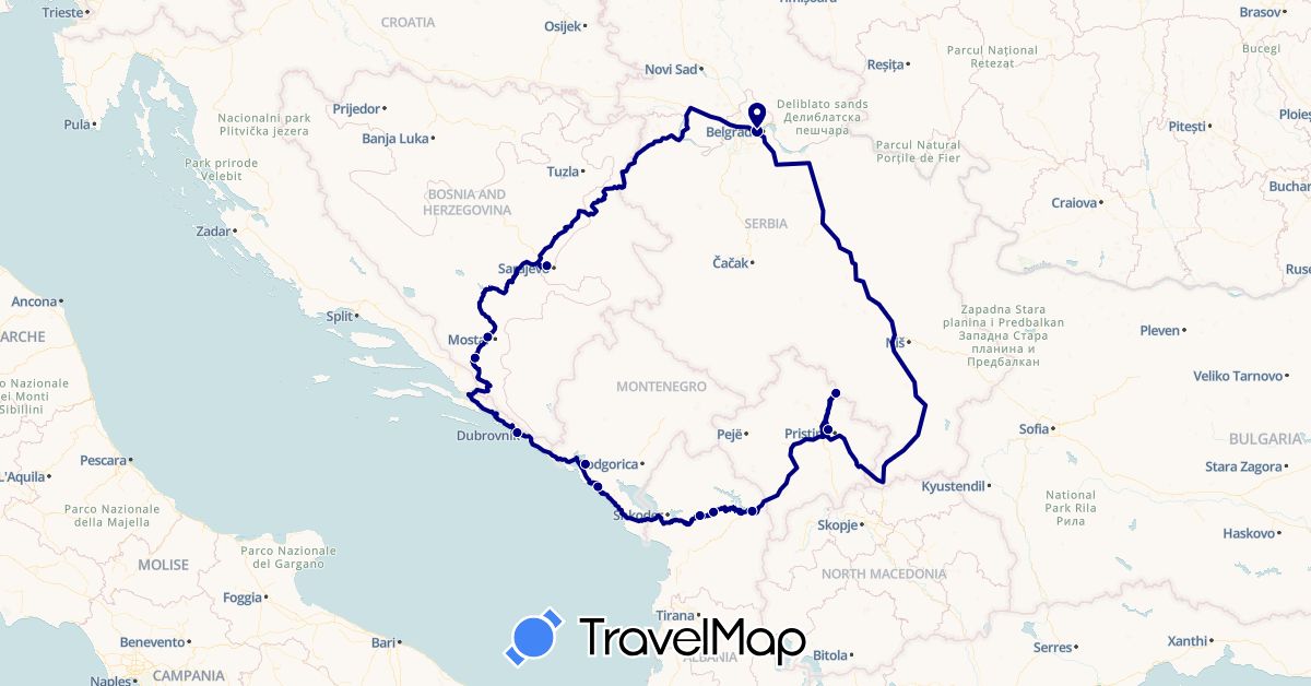 TravelMap itinerary: driving in Albania, Bosnia and Herzegovina, Croatia, Montenegro, Serbia, Kosovo (Europe)