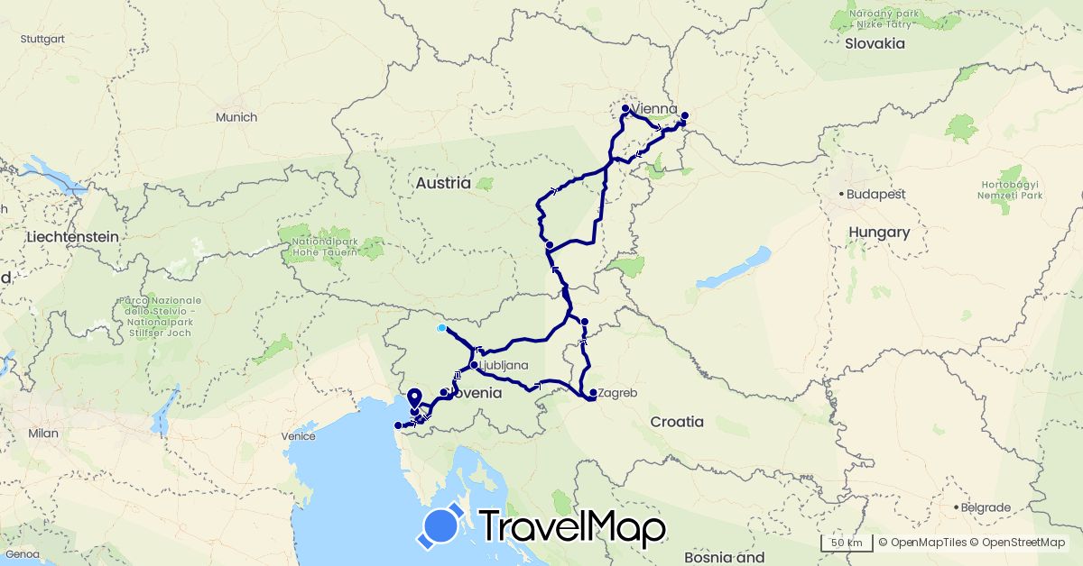 TravelMap itinerary: driving, boat in Austria, Croatia, Italy, Slovenia, Slovakia (Europe)