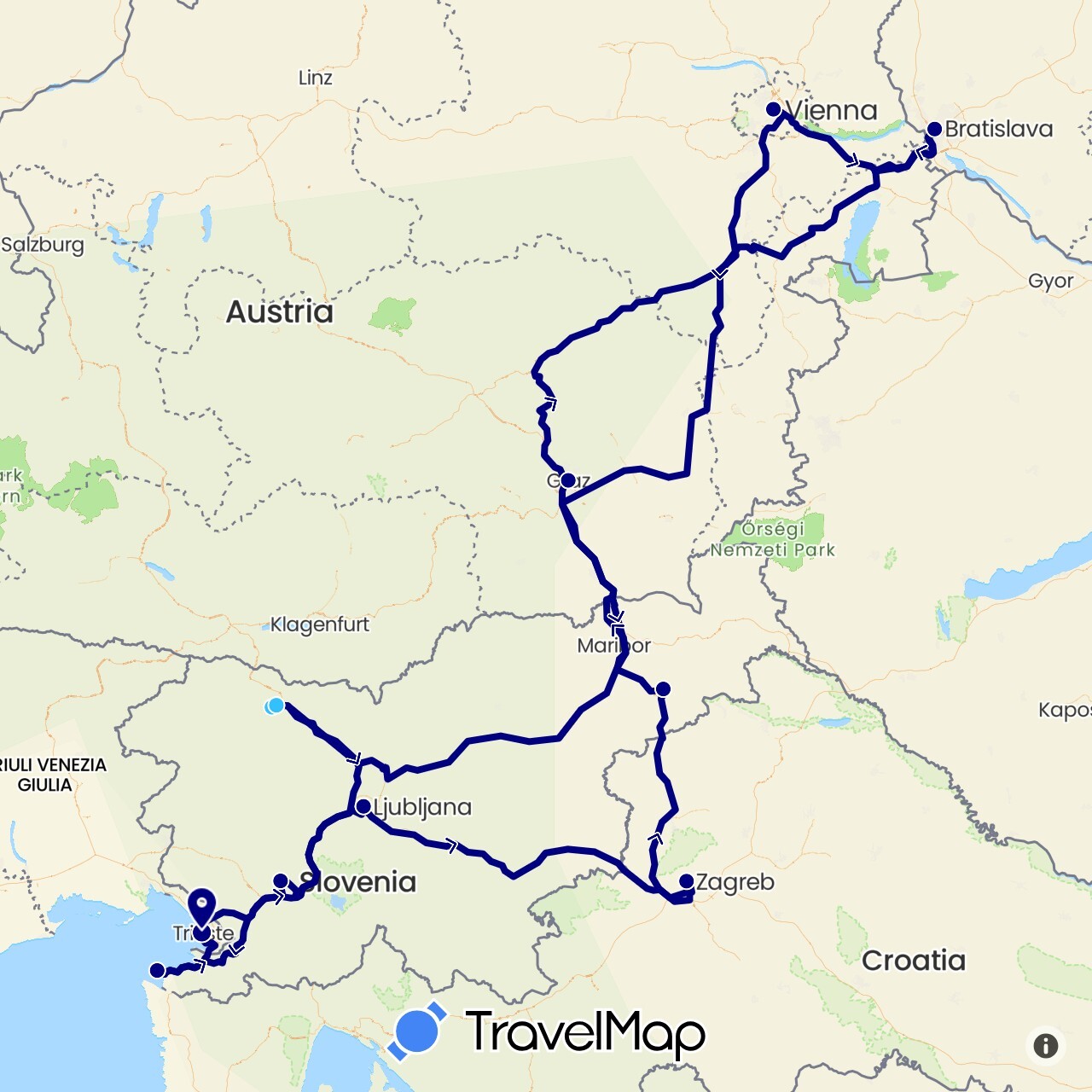 TravelMap itinerary: driving, boat in Austria, Croatia, Italy, Slovenia, Slovakia (Europe)