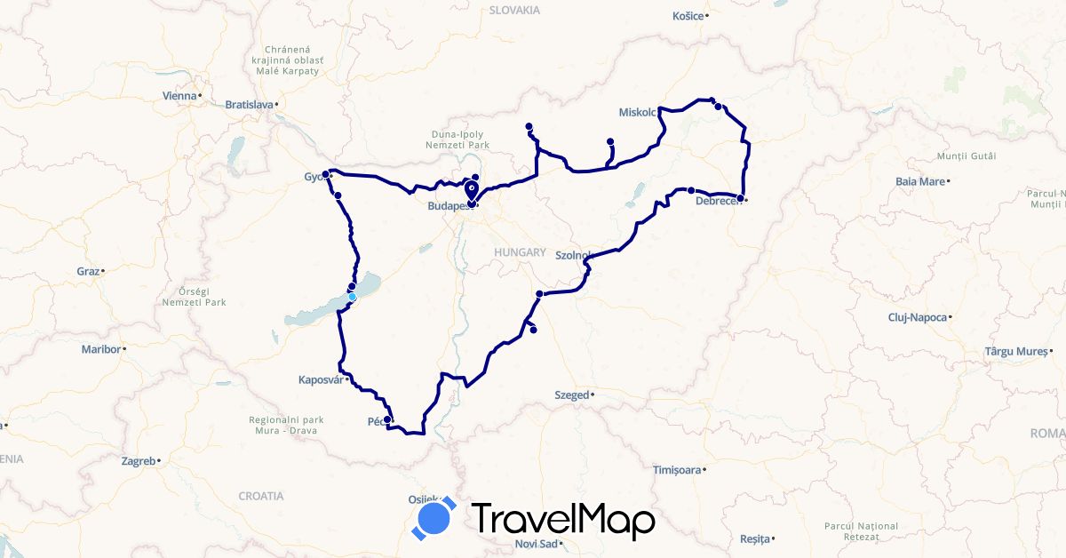 TravelMap itinerary: driving, boat in Hungary (Europe)
