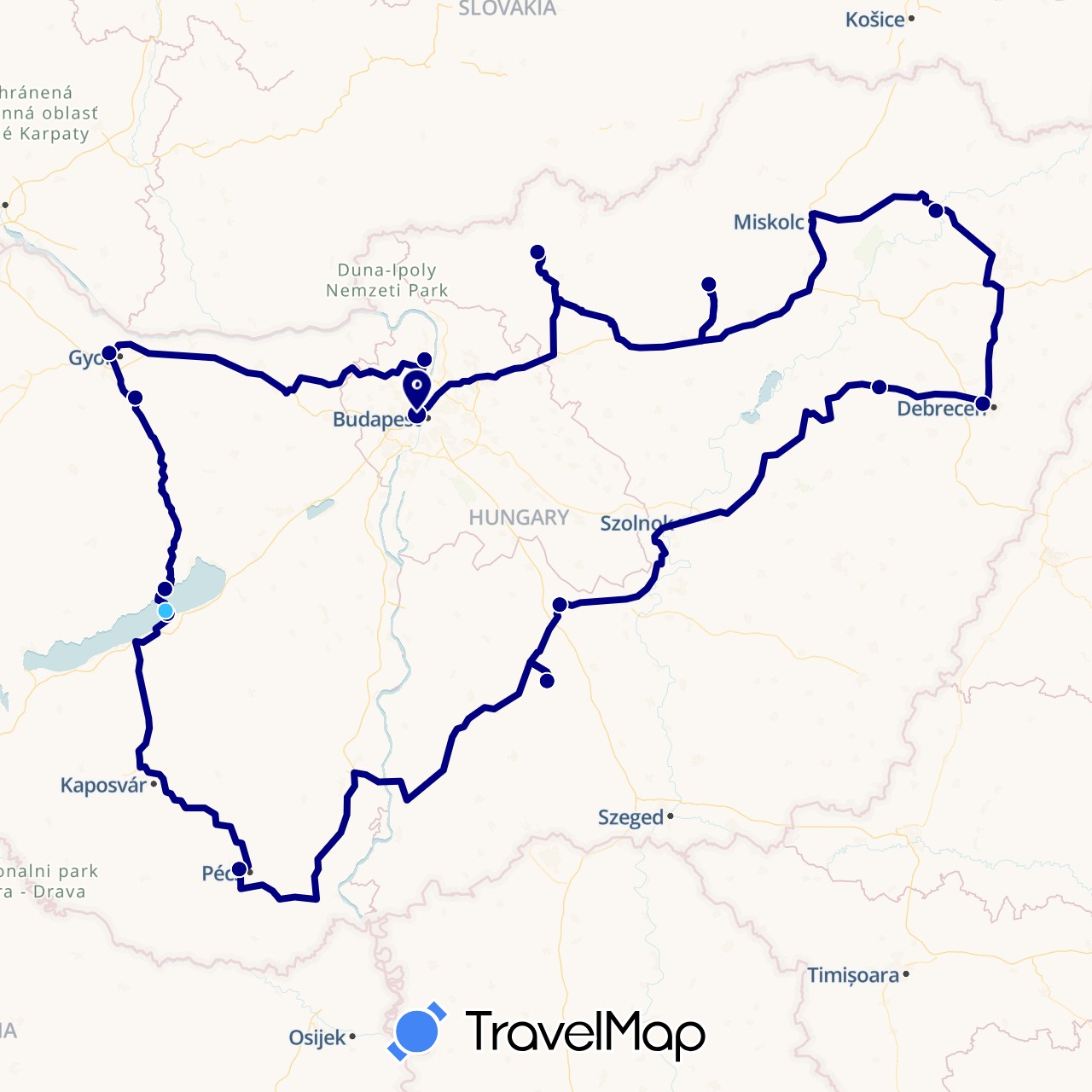 TravelMap itinerary: driving, boat in Hungary (Europe)