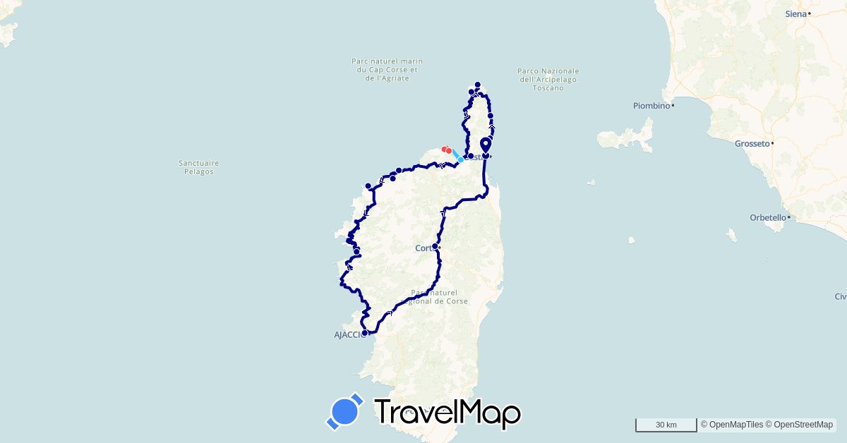 TravelMap itinerary: driving, hiking, boat in France (Europe)