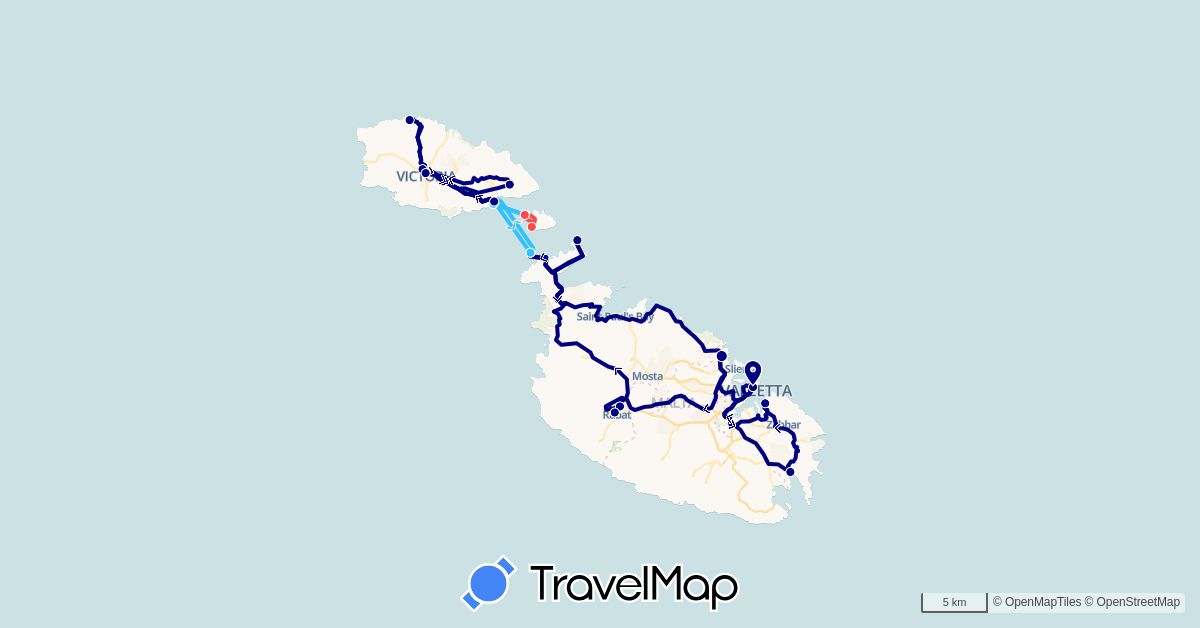 TravelMap itinerary: driving, hiking, boat in Malta (Europe)