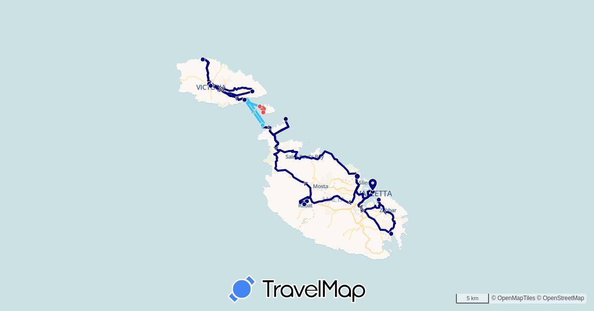TravelMap itinerary: driving, hiking, boat in Malta (Europe)