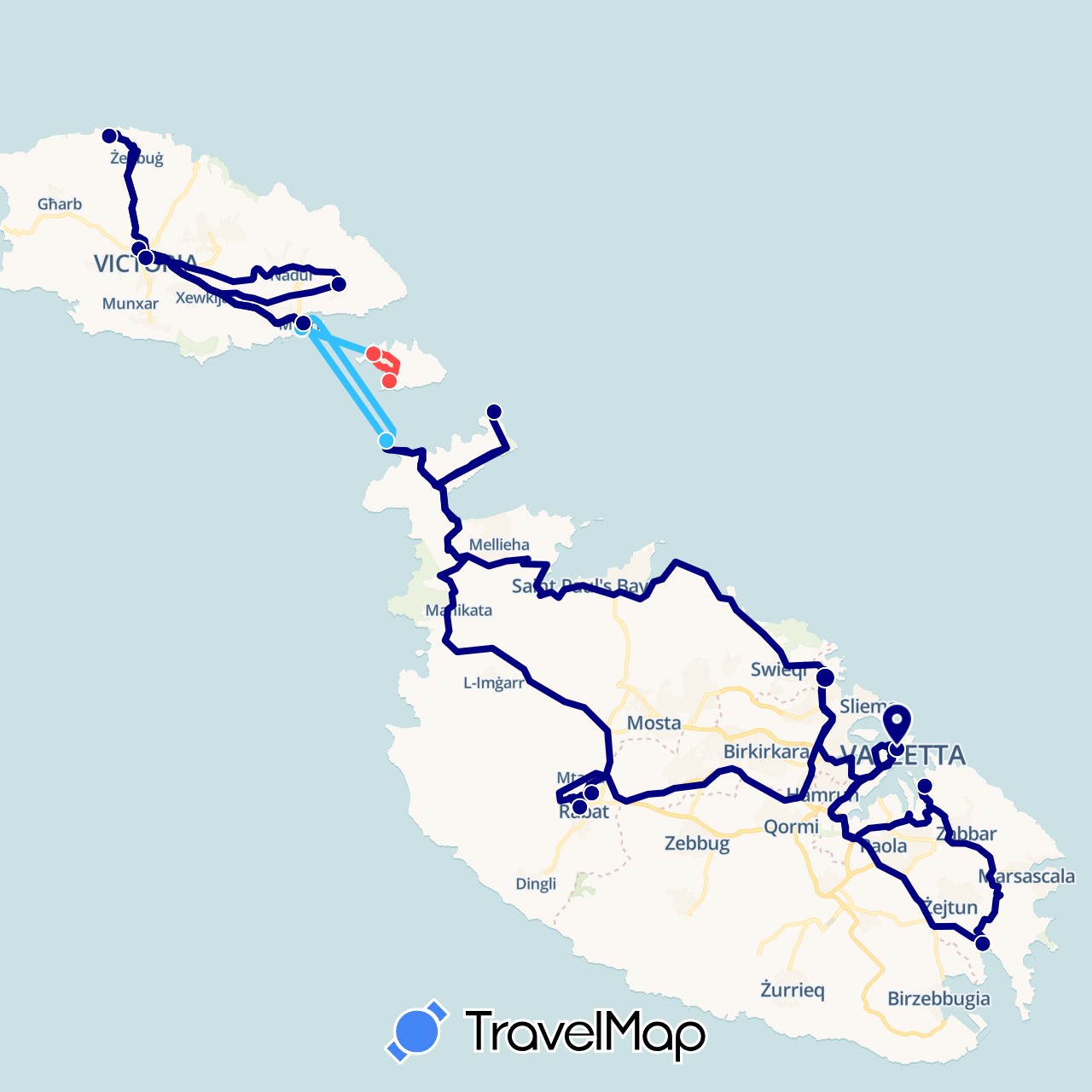 TravelMap itinerary: driving, hiking, boat in Malta (Europe)