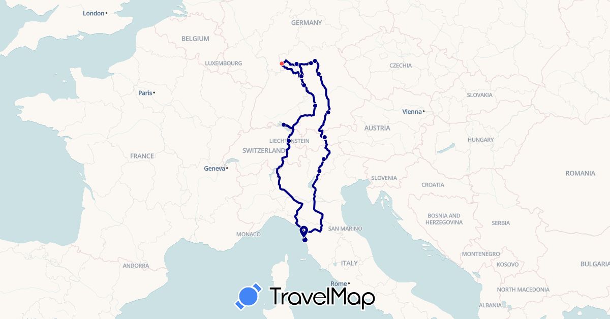 TravelMap itinerary: driving, hiking in Austria, Germany, Italy, Liechtenstein (Europe)