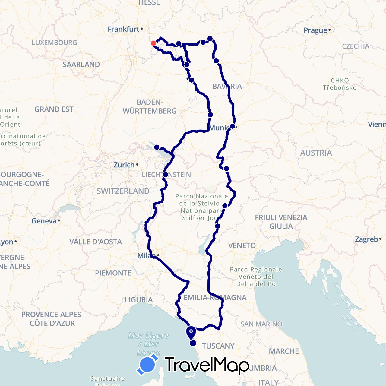 TravelMap itinerary: driving, hiking in Austria, Germany, Italy, Liechtenstein (Europe)