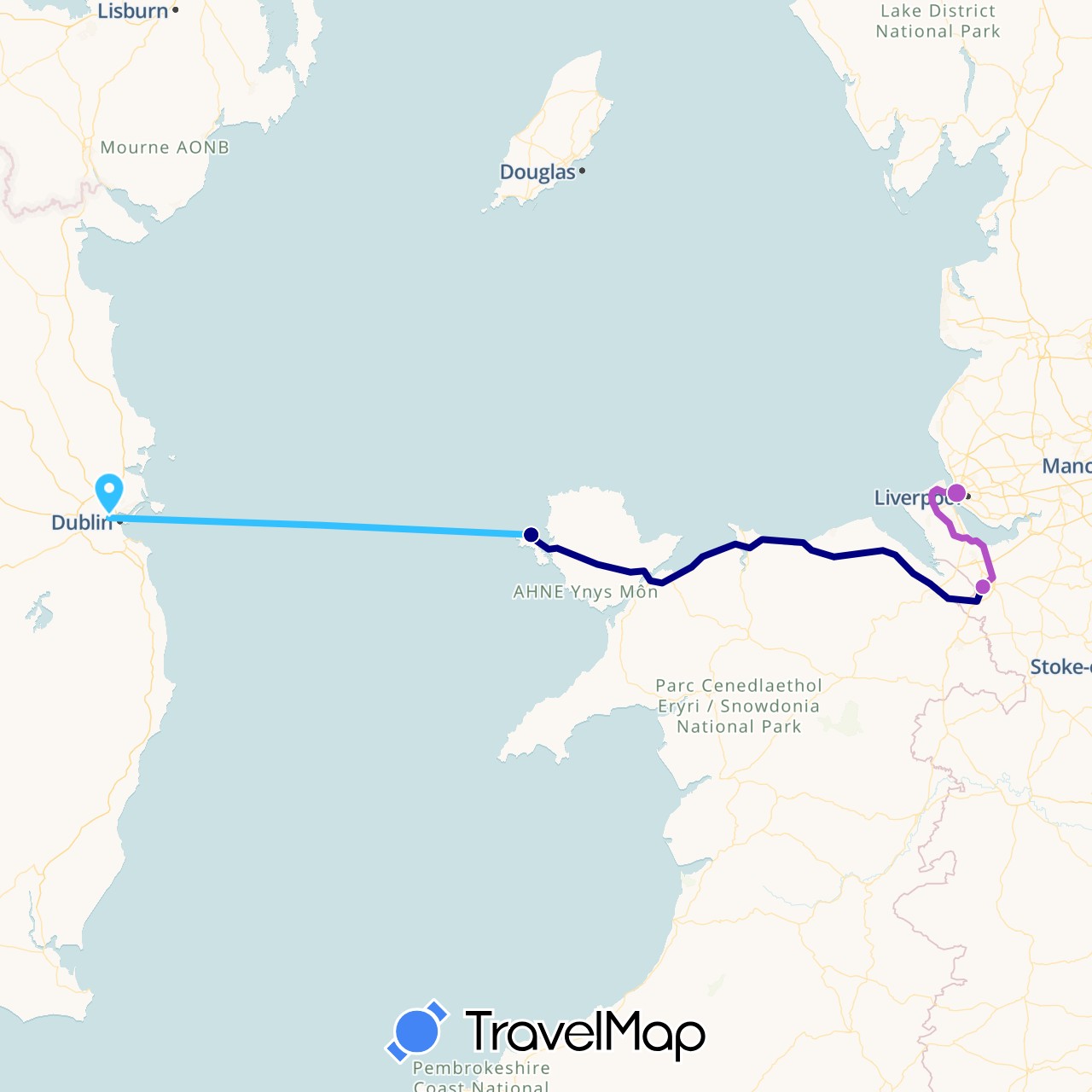 TravelMap itinerary: driving, train, boat in United Kingdom, Ireland (Europe)