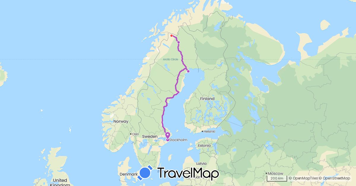 TravelMap itinerary: driving, train, hiking in Sweden (Europe)