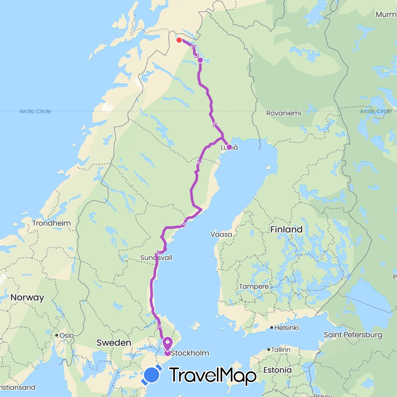 TravelMap itinerary: driving, train, hiking in Sweden (Europe)