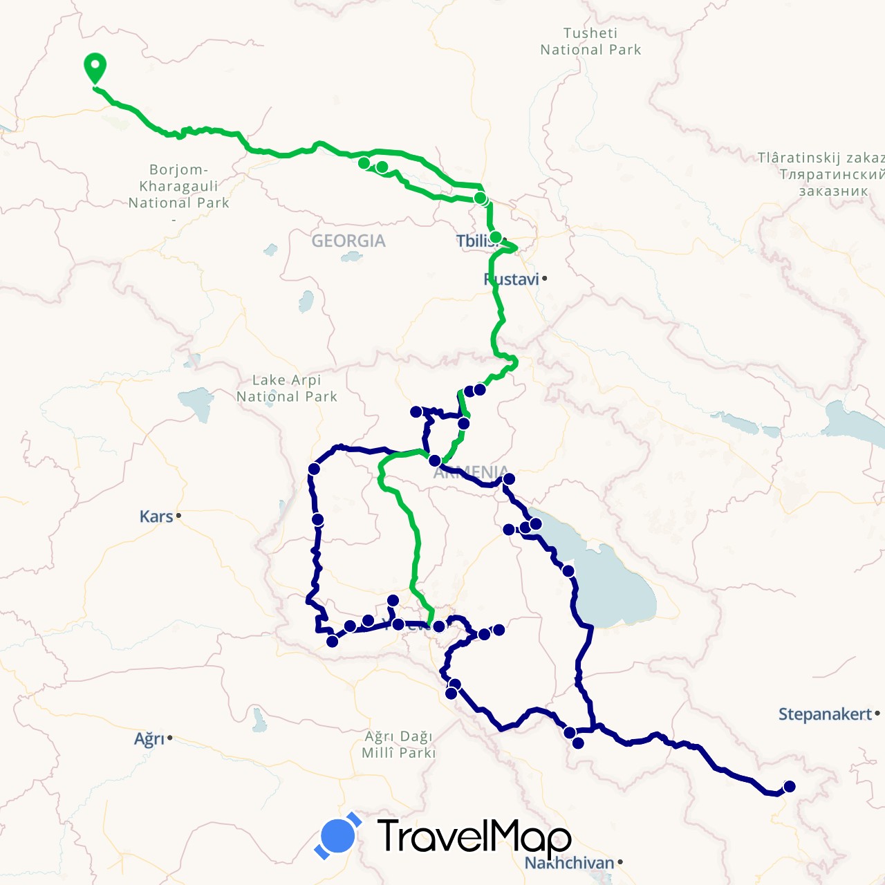 TravelMap itinerary: driving, bus in Armenia, Georgia (Asia)