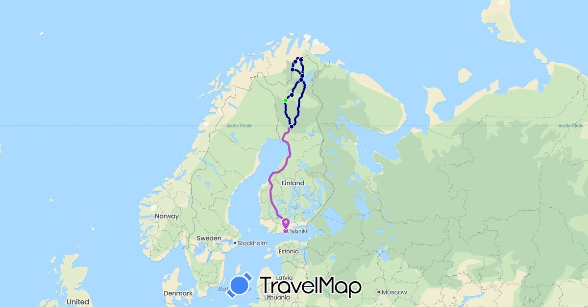 TravelMap itinerary: driving, train, husky sledge in Finland, Norway (Europe)