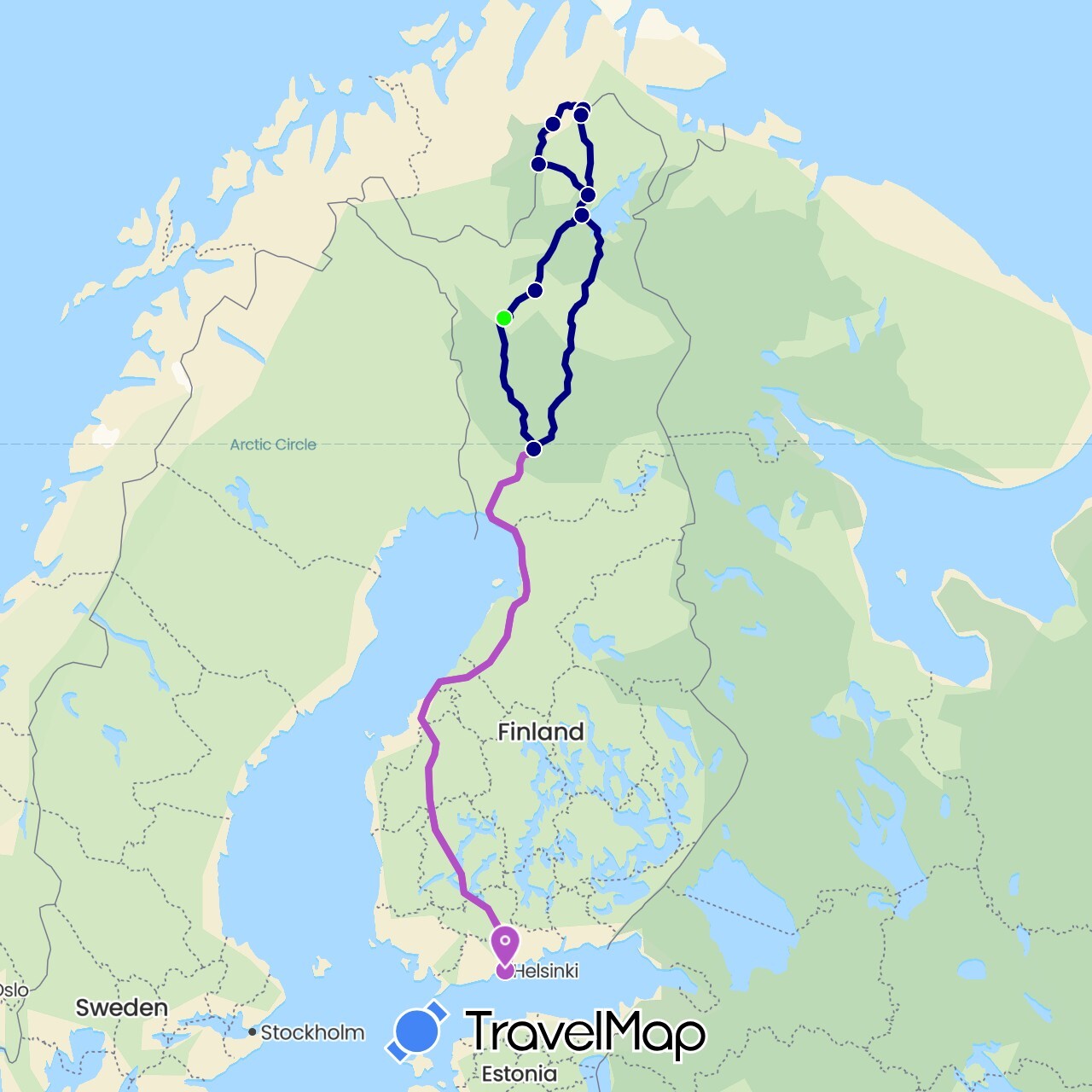 TravelMap itinerary: driving, train, husky sledge in Finland, Norway (Europe)