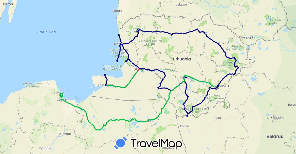 TravelMap itinerary: driving, bus, hiking in Lithuania, Poland, Russia (Europe)