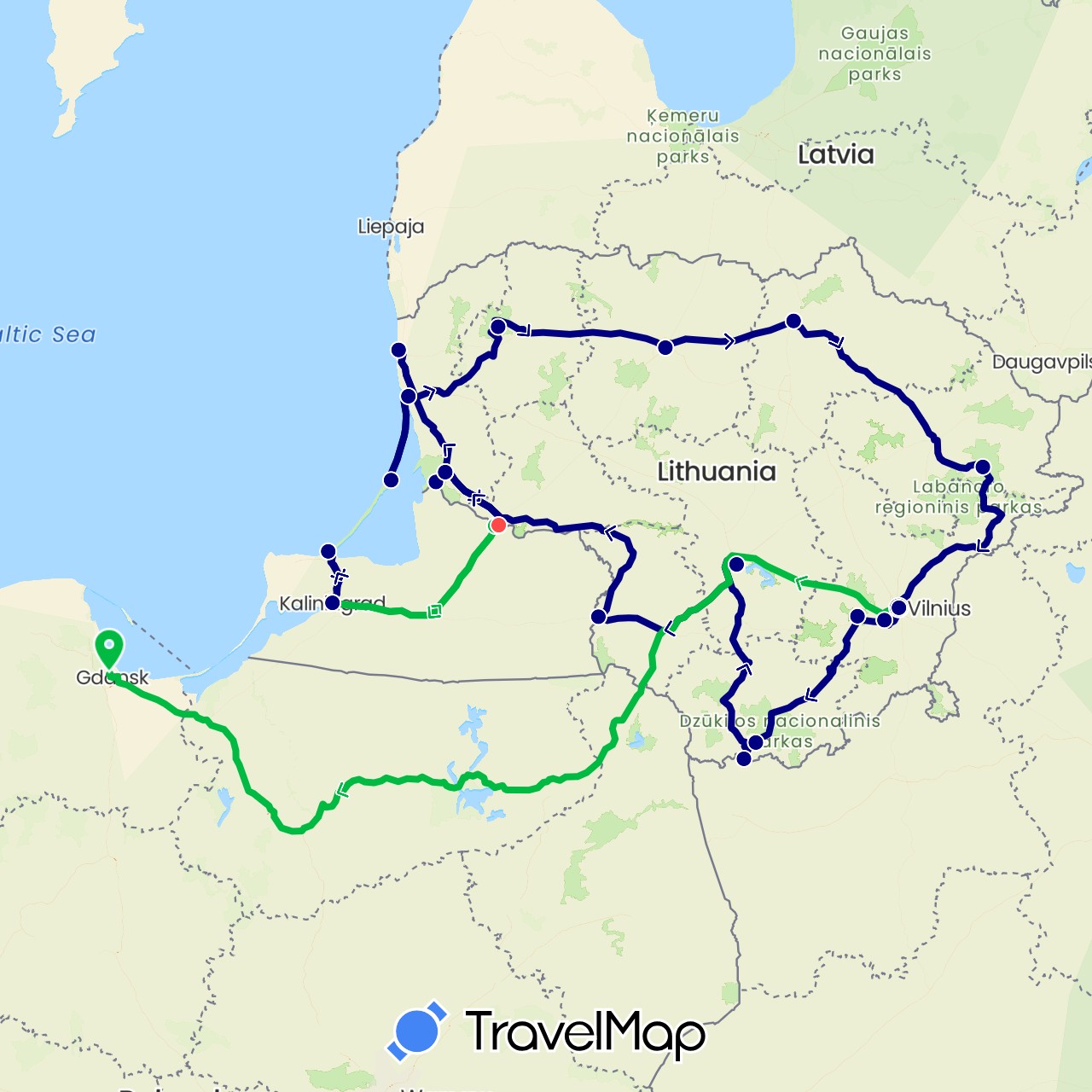 TravelMap itinerary: driving, bus, hiking in Lithuania, Poland, Russia (Europe)