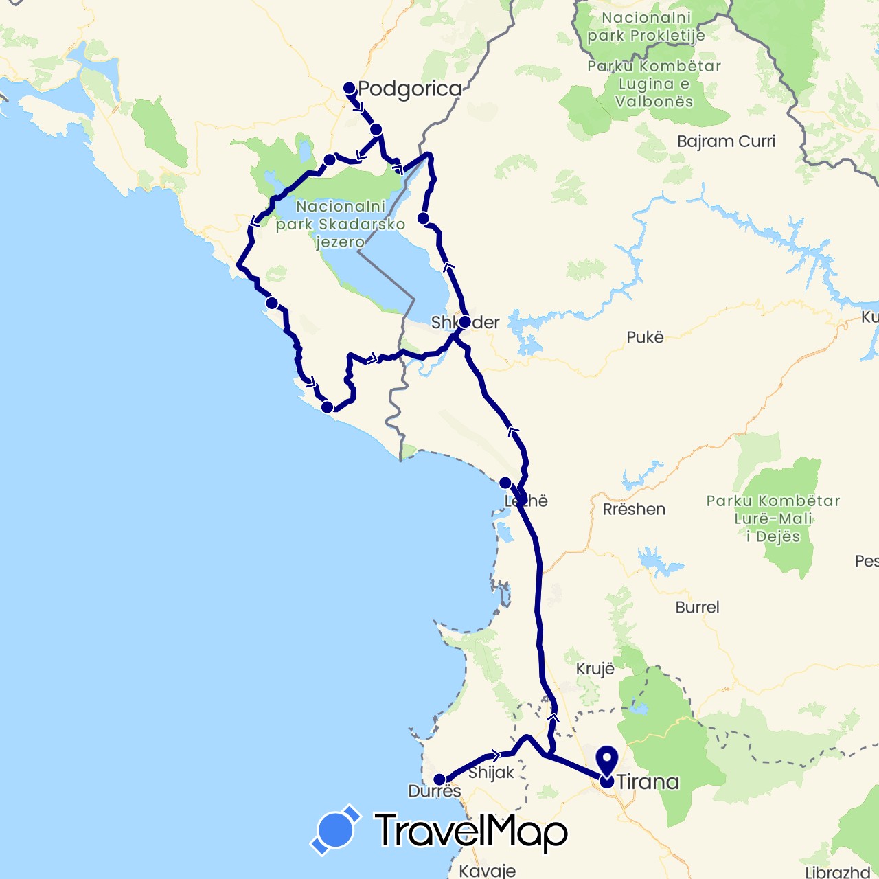 TravelMap itinerary: driving in Albania, Montenegro (Europe)