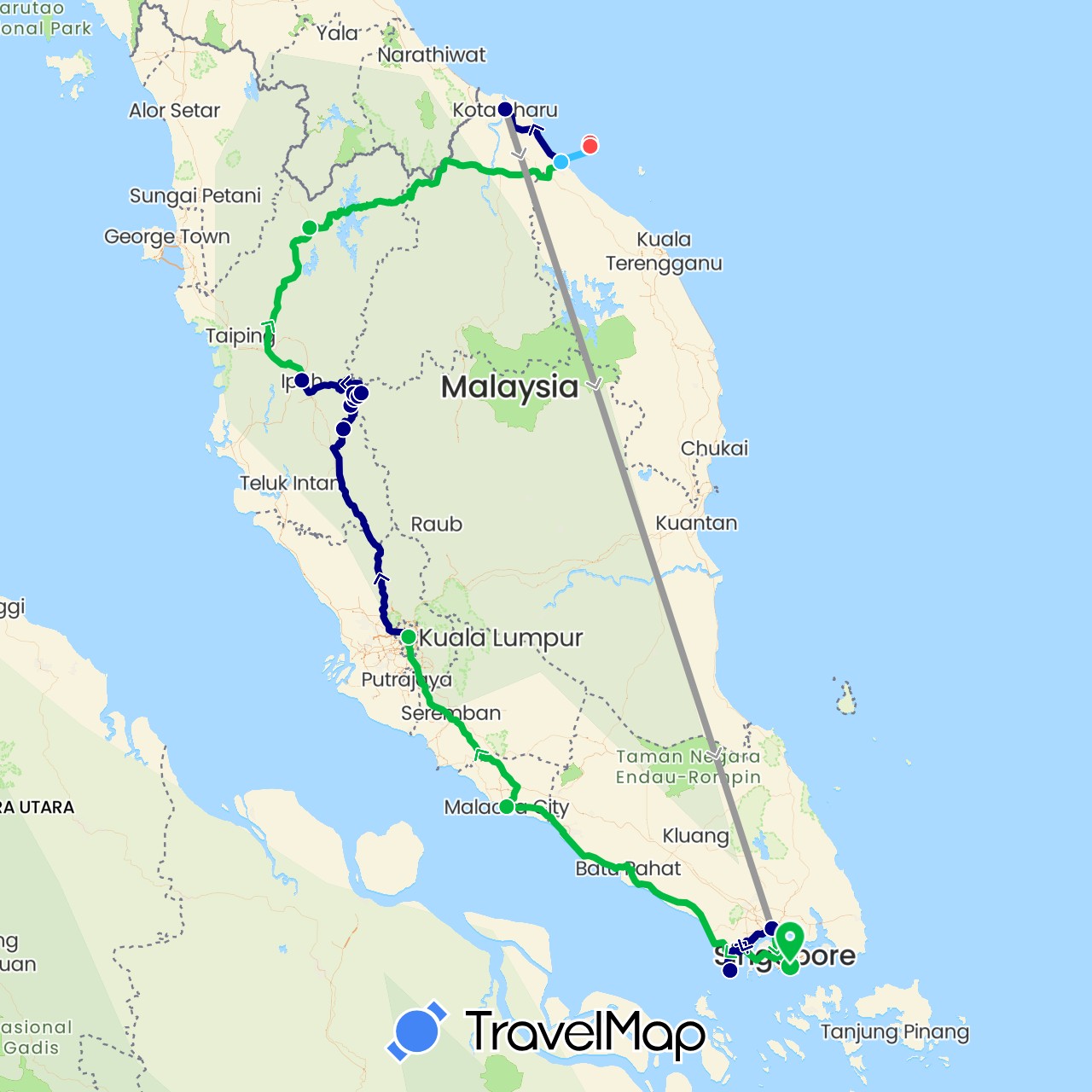 TravelMap itinerary: driving, bus, plane, hiking, boat in Malaysia, Singapore (Asia)