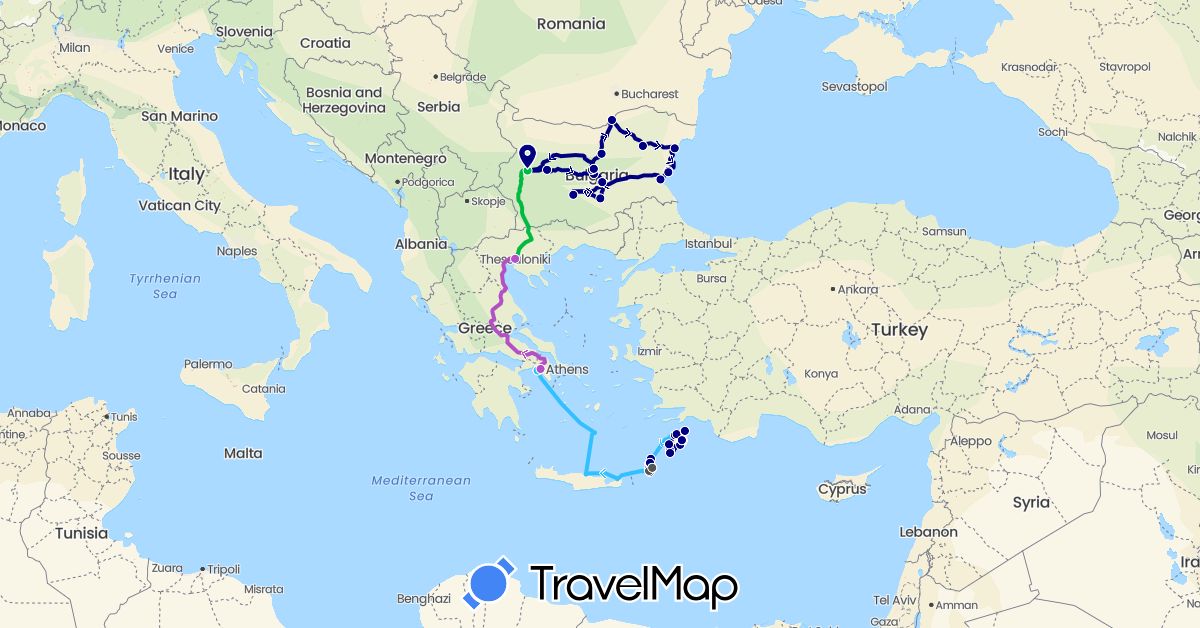 TravelMap itinerary: driving, bus, train, boat, motorbike in Bulgaria, Greece (Europe)